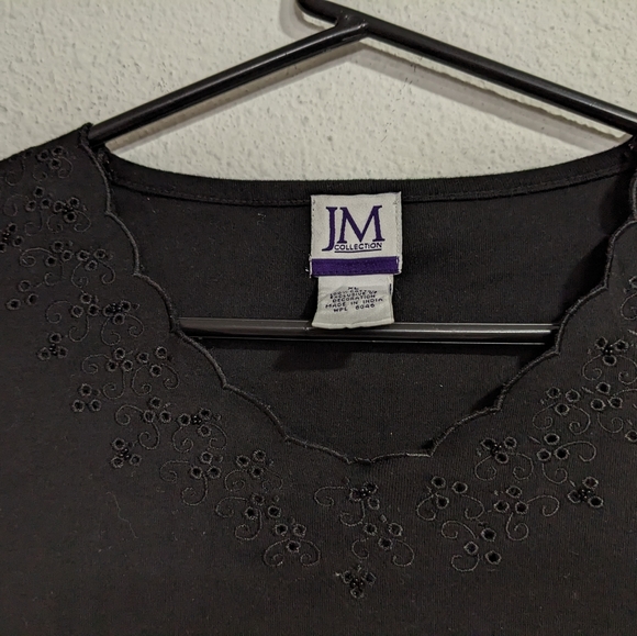 JM Collection Black Short Sleeve Shirt, Scallop Neck and Sleeves Cotton … - Picture 5 of 9